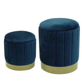 Stylish Round Velvet Storage Stool for Foot Rest With Gold Base for Livingroom