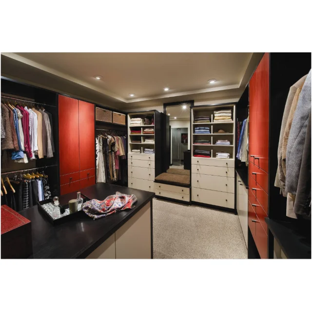 2025 Skyline Customized Contemporary Style Red and White Solid Wood Walk-in Wardrobe With Storage Box