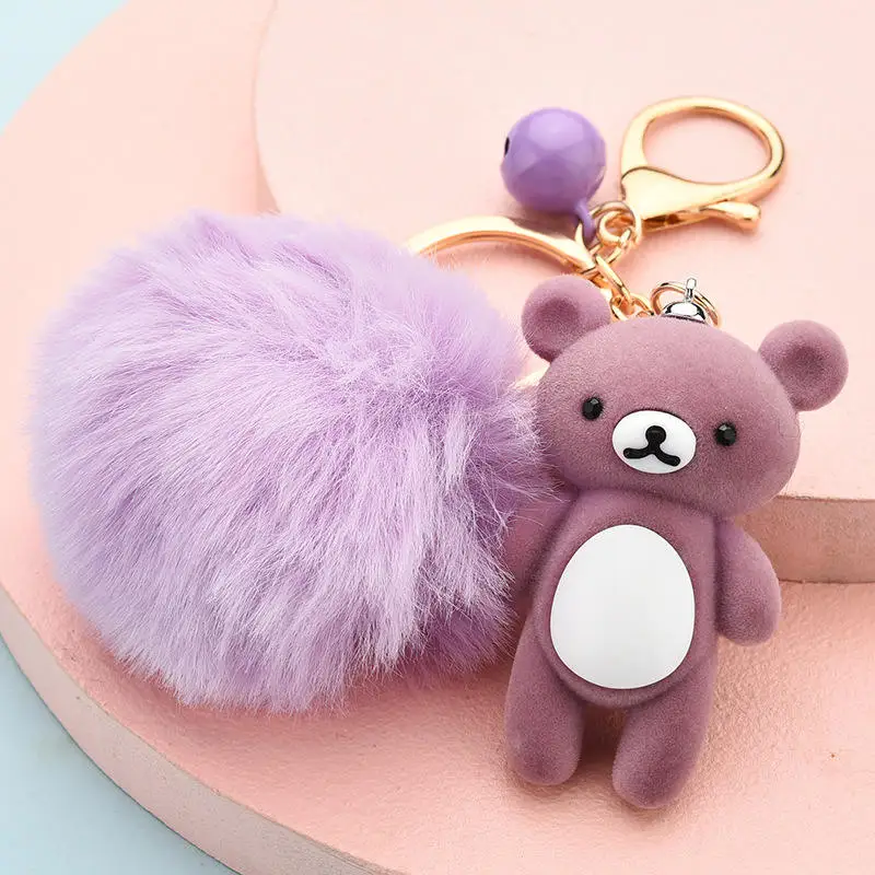 Custom Lovely Flocking Doll Key Ring Plastic Bear Kawaii Keychains