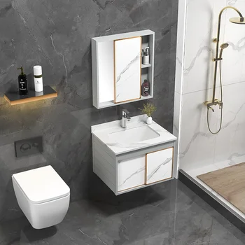 Modern Hotel Design Sintered Stone Bath Vanity Sets With Bathroom LED Mirror Rock Plate Wall Mounted Vanity Cabinets