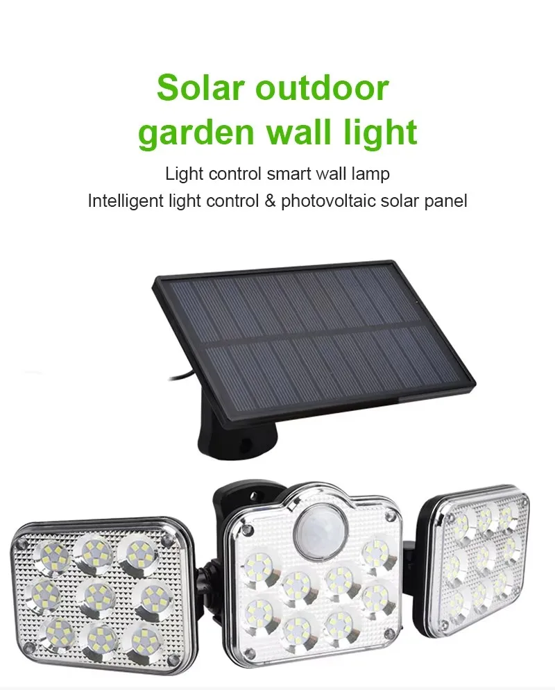 Solar ao ar livre 3 Cabeça Led SMD 138 Luz Inteligente Solar Jardim Luzes Ip65 Impermeável Solar Lâmpada De Parede