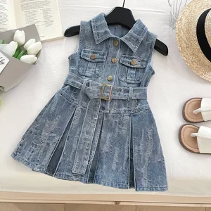 2026 Summer Korean Girls Outfit Turn Down Collar Children Casual Dresses Sleeveless Button Ruffled Denim Dress for Kids