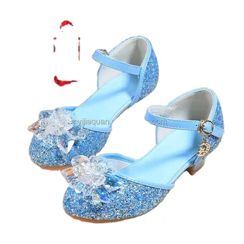 Kids Causal Shoes Wedding Party Children's High Heels Princess Shiny Crystal Flower Girls Leather Shoes Pink Blue Sliver 23-38