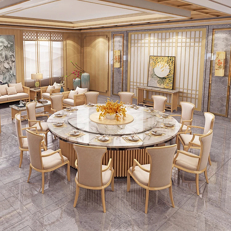 Large Round Automatic Rotatable Real Marble Dining Table Set Commercial