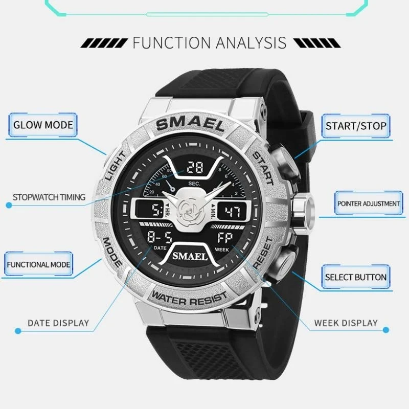 SMAEL 8067 New Style High Quality Men Digital Watch Stylish Silicone Strap Water Proof Luminous Sports Running Wrist Watch