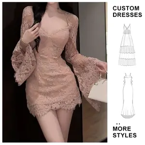 Custom Wholesale 2025 Summer Y2K V Neck Slim Hip Midi Dress for Women Long Sleeve Empire  Night Club Lace Dress