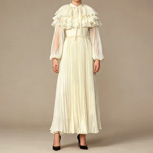 ZYHT 70110 New Lady Vacation Party Gowns Pleated a Line Maxi Dress Chic Ruffle Puff Long Sleeve Elegant Maxi Dresses for Women