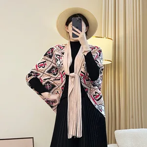 Miyake Pleated High-end Style Shawl Women's Niche French Style Lace-up Thin Design Sense Printed Square Autumn Polyester Outer
