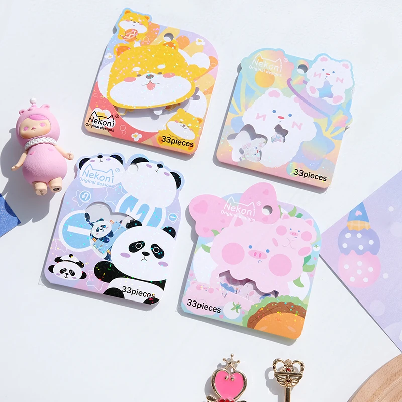 Nekoni Glitter Stickers Flake Kawaii  Laser Flake Stickers Decals Pack Cute Animal Kitty Panda Dog Pig Stickers Decals