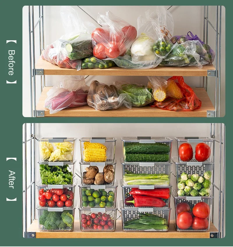 Food Storage Containers Fridge Produce Saver- Stackable Refrigerator  Organizer Keeper Drawers Bins Baskets with Lids and Removable Drain Tray  for Veggie, Berry, Fruits and Vegetables 