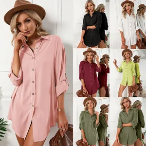 2026 New Women's Casual Loose Single-Breasted Shirt Dress Top Long Length Button Decoration Front Logo for Summer Livingroom
