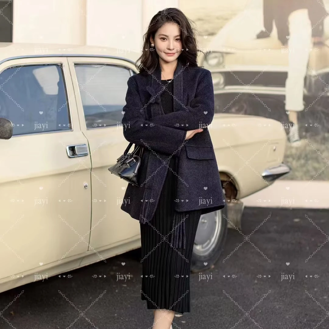 Handmade Women's Double Faced Wool Overcoat Spring Winter Long Trench Fitted Wool Coat Single Breasted Closure