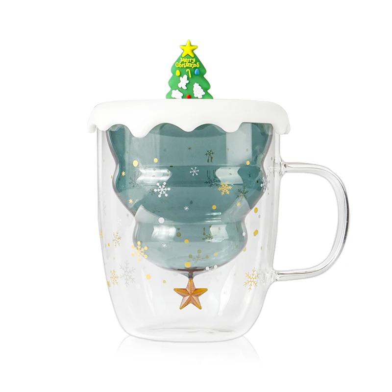 Christmas Tree Drinking Glass Heat Resistant Reusable Snow Double Wall Glasses Coffee Tea Cup Cups With Lid Mug