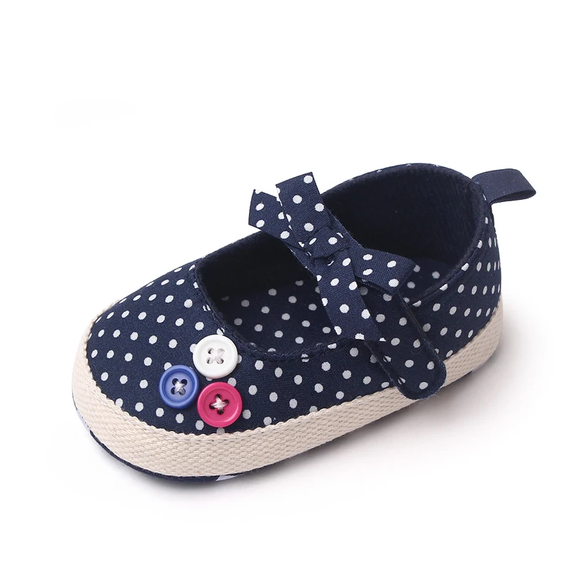 Solid Color Striped Polka-dot Bow Button Soft Soled Breathable Infants Toddler Shoes for Girls manufacture