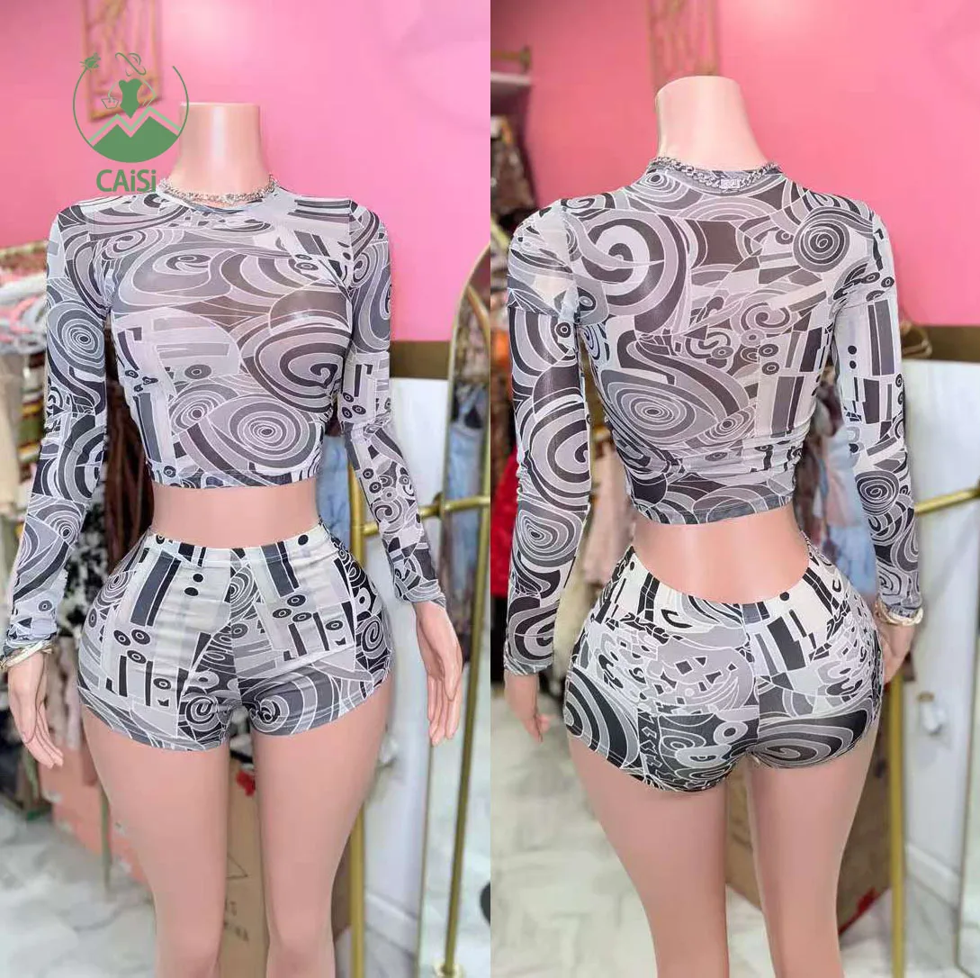 2025 Spring Summer Women's Outfits Mesh Print Crop T Shirt and