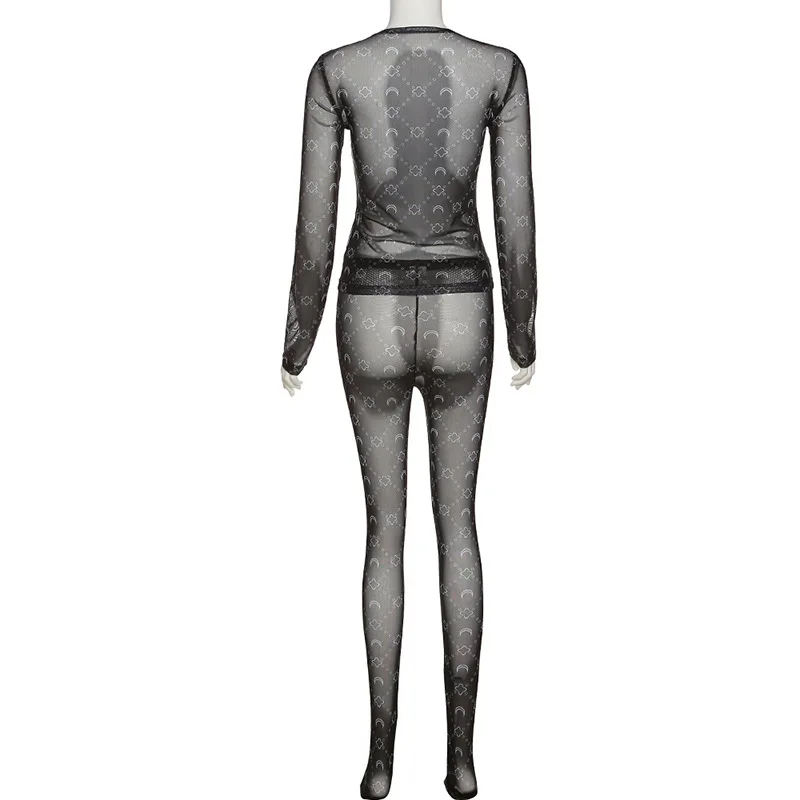 2022 Mesh See Through Slim Two Piece Sets Long Sleeve O Neck Top Pants Sexy Summer Womens 2 Piece Sets