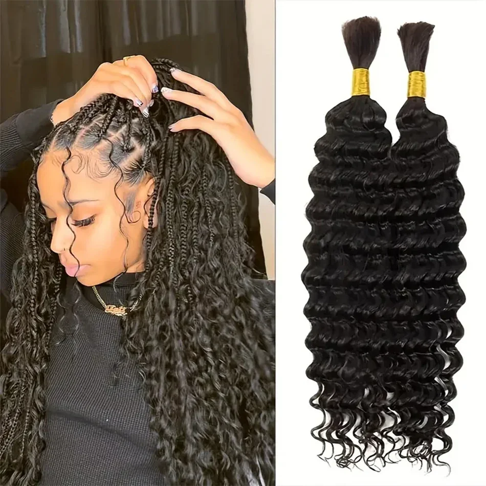 Capelli umani sfusi a onde profonde senza trama, trecce di capelli umani Remy per intrecciare, colore nero naturale, capelli ricci sfusi per intrecciare per donne #1B_voghion.com