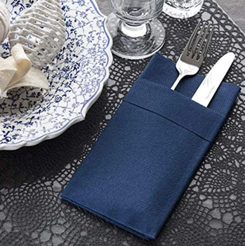 Navy Napkins With Built-in Flatware Pocket | Linen-Feel Disposable Napkins Cloth-Like Dinner Napkins for Hotels