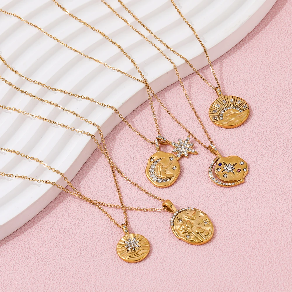 Joolim 18k Pvd Gold Plated Waterproof Tarnish Free Moon Star Sun Zirconia Coin Pendant Stainless