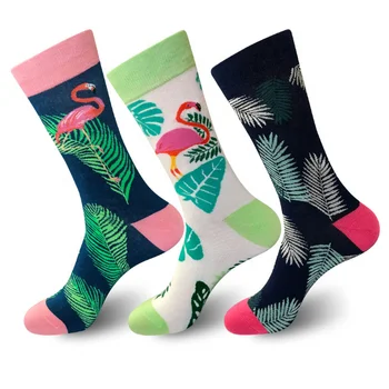 Colorful Male 100% Cotton Men Custom Logo Embroidery Pattern Flamingo Socks
