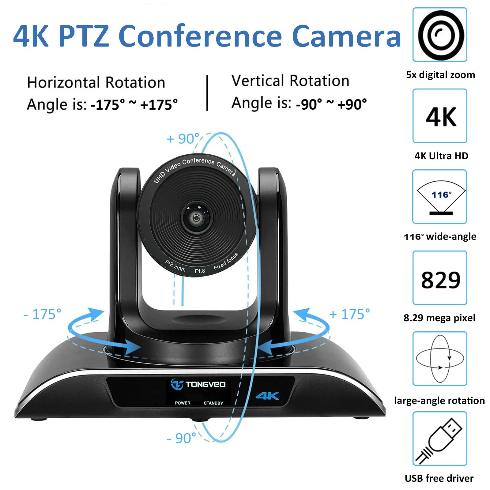 Tongveo UHD 4K自動追尾PTZカメラ 5倍ズーム対応 ビデオ会議用