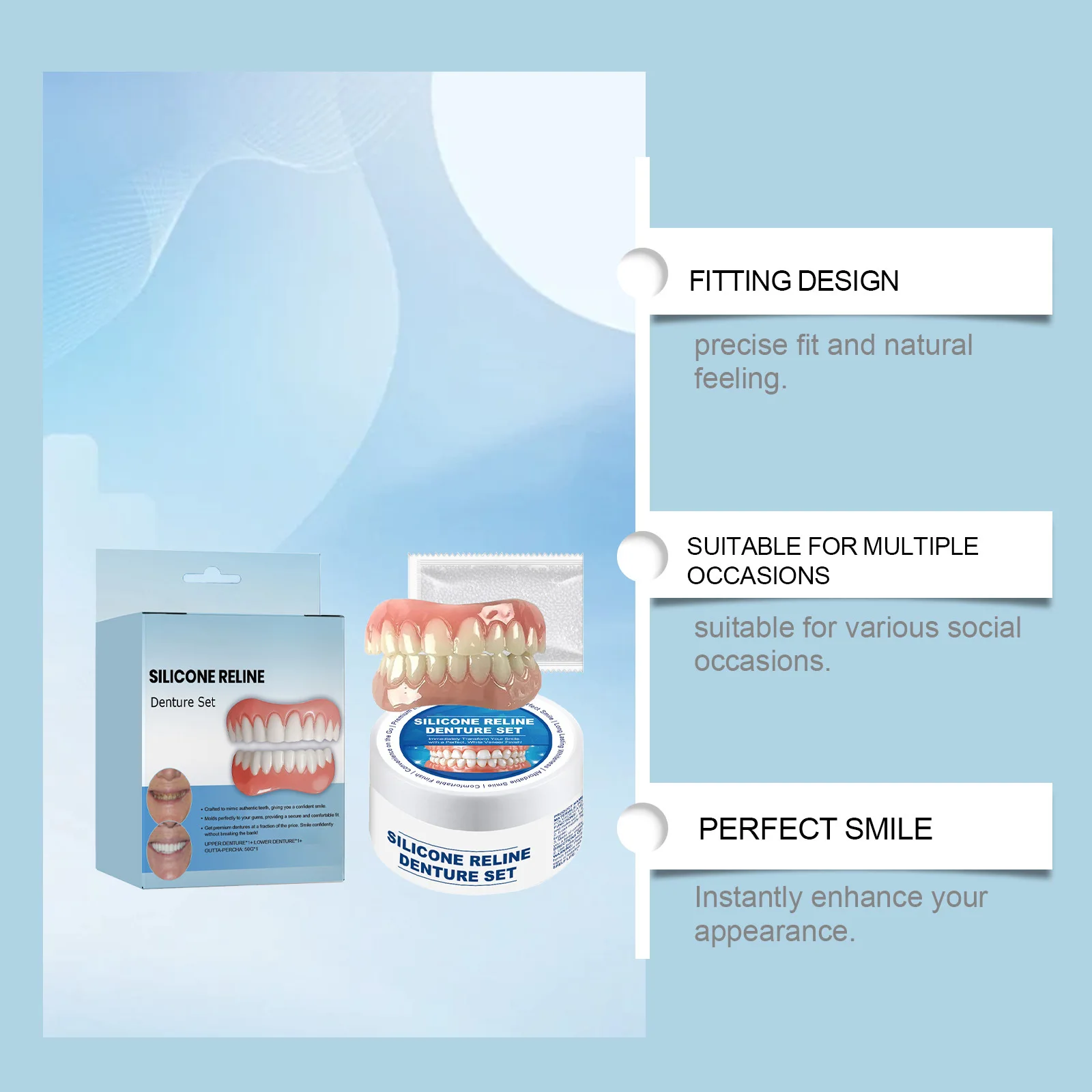 Hot Selling for Various Teeth to Enhance Smile Aesthetics Comfortable Installation Convenient Silicone Reline Denture Set