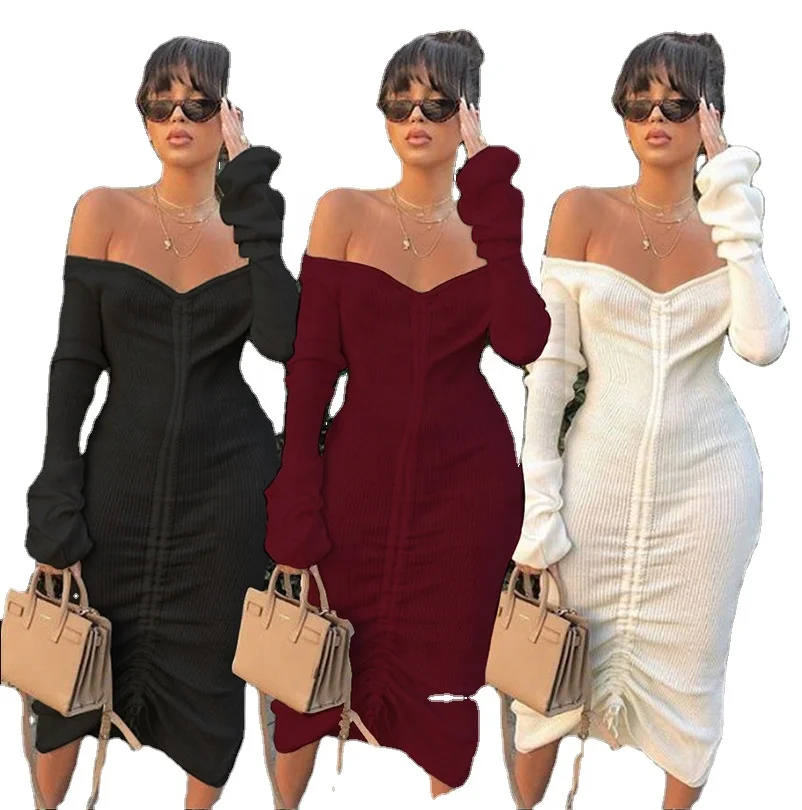 Solid Draped Fall Sweaters Dresses 