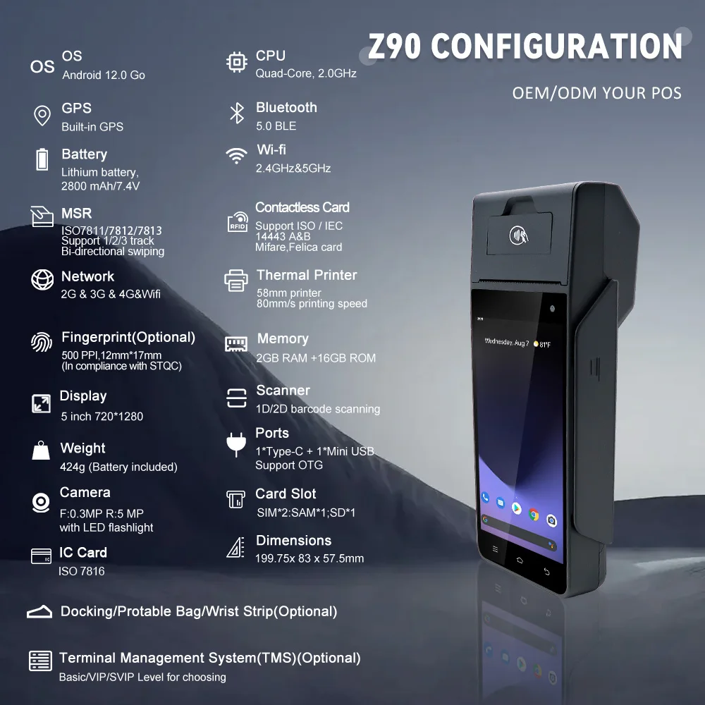 Z90 Handheld POS Terminal Touch Screen With In-built Thermal