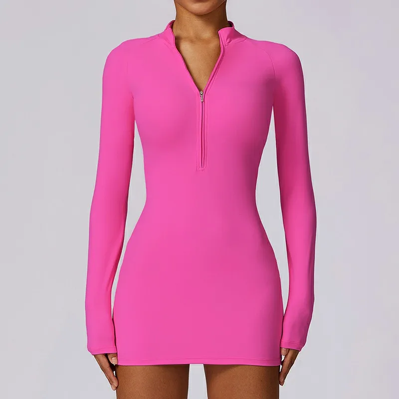 L801010 Y2K Long Sleeve Bodycon Mini Dress for Women Zip Front Hot Pink Tight Club Dress Streetwear Fall Winter Party Outfit