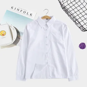 Women Non-Transparent Long-Sleeve White Shirt School Uniform Long Sleeves Angled Lapels