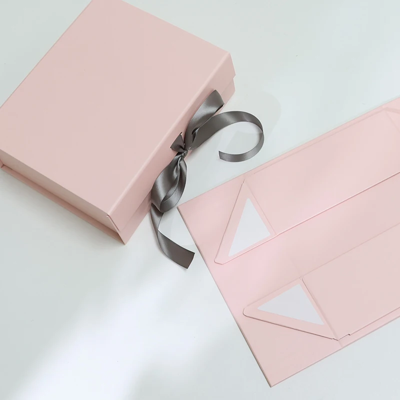 Luxury Custom Design Large pink Foldable Folding Paper Cardboard Gift Box Packaging with Ribbon
