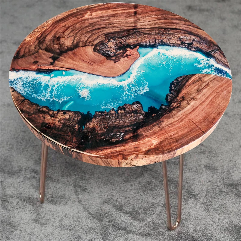Luxury Support Logo Walnut Wood Round Dinner Clear River Blue Ocean Island Bar Dining Coffee Epoxy Resin Table Top