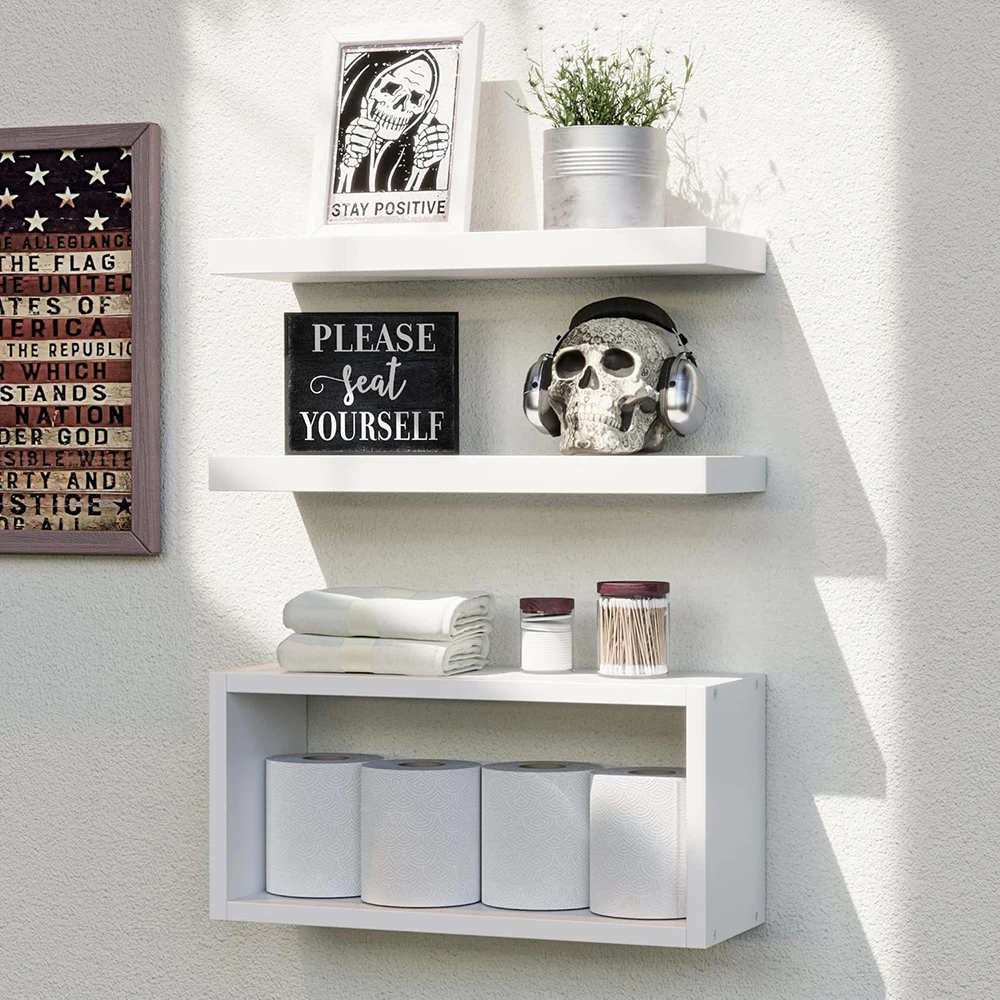 Nu-Deco White Wood Floating Shelves Set 3-Modern Wall-Mounted Storage Shelves for Bathroom Bedroom Living Room & Kitchen