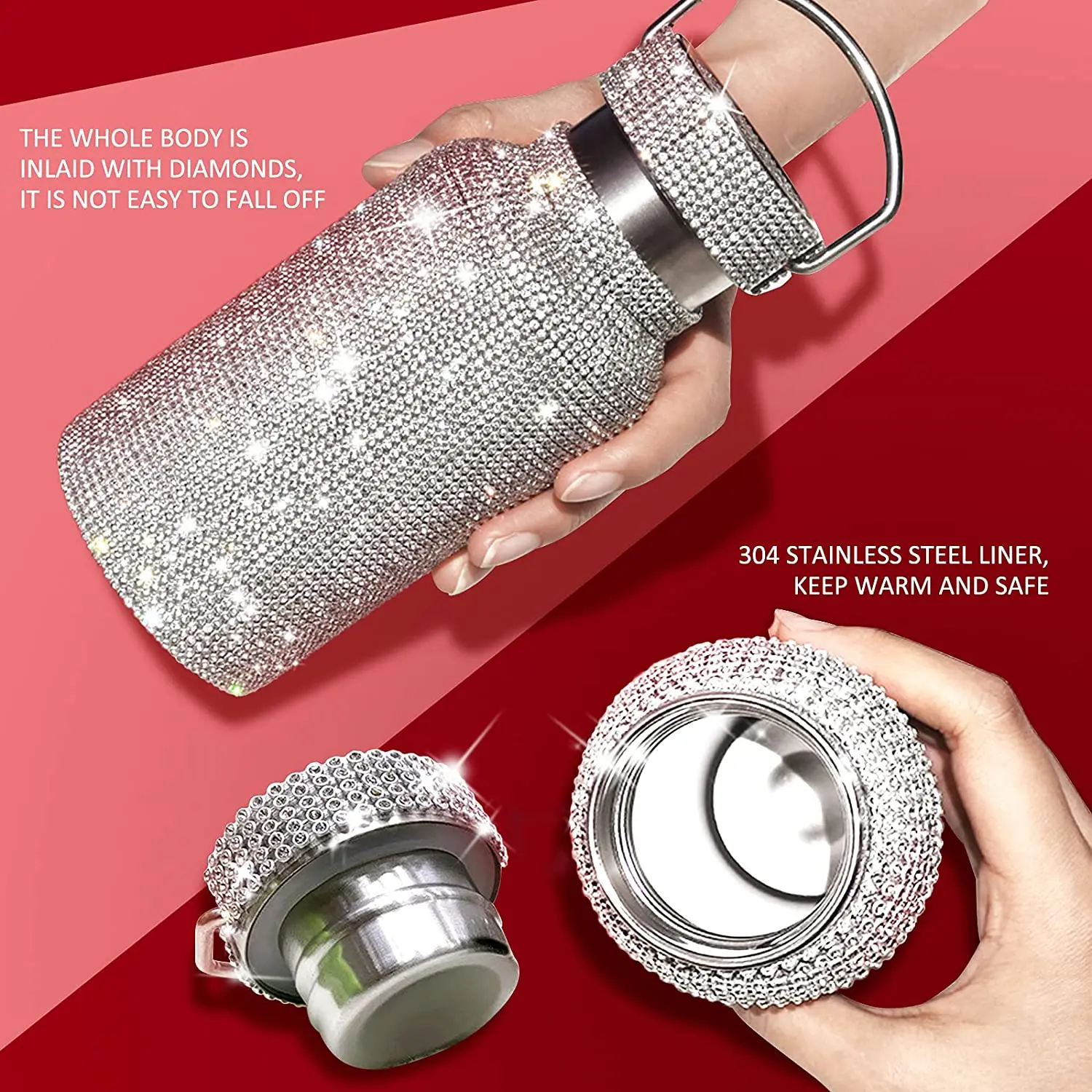 Sparkling Sport Water Bottle Insulated Bling Rhinestone Stainless Steel Thermal Bottle
