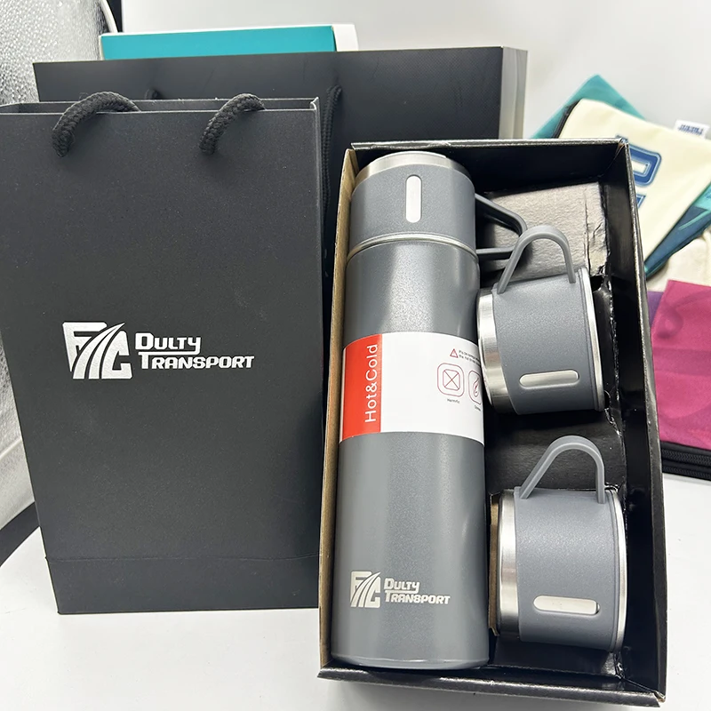 Custom Logo 500ml Stainless Steel Business Cup Set Double-Wall Vacuum Flask Mug 3 Lids Food Cold One Water Bottle Gift Box Set