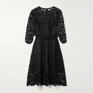 Clothing Manufacturer Custom Spring Summer Black Crew Neck Long Sleeve Casual Lace Dresses Women Lady Elegant