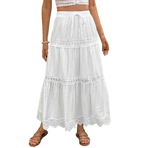 Lace patchwork skirt, casual white elastic waist, romantic and versatile long skirt, new women's dress