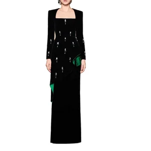 Customize OUDINA Elegant Luxurious Long Sleeve A-line Hot Style Ruffled Evening Party Wear Floor-Length Plain Dyed Technique