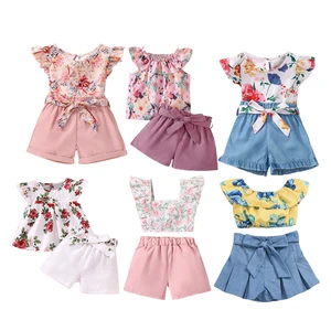 Toddler Girls Fashion Summer Clothing  2 Piece Sets New Summer Flower T-shirt Print Bow Skirt 2Pcs Baby Outfit