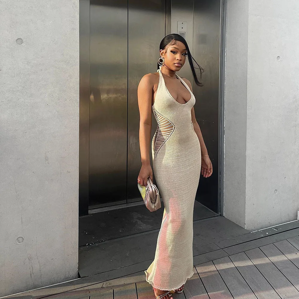 Wholesale Sexy Summer Halter Hollow Out Deep V Neck Dress Casual Sleeveless  Backless Long Dresses Women