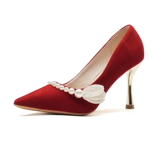 Stylish Red Satin Summer Slip-On Comfortable Pumps with Pointed Toe Stiletto Heel Pearl & Pearl Flower Detail & Metallic Heel
