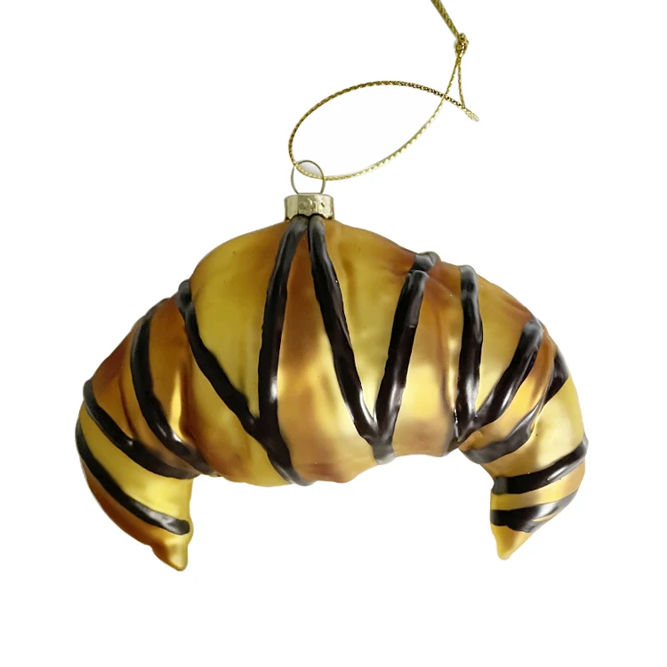 wholesale custom hand painted blown glass croissant figurine ornament hanging bread food ornaments for Christmas tree decoration