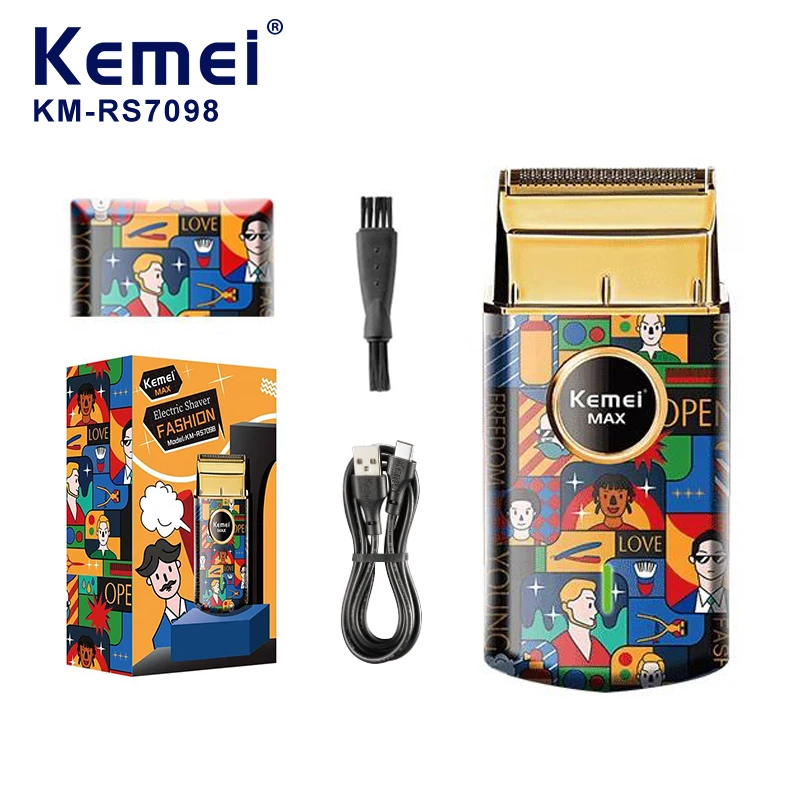 Rasoir électrique Kemei Km-Rs7098 rétro, design élégant avec motif graffiti, rasoir électrique pour hommes, idéal comme cadeau, appareil d’épilation, vente en gros, rasoir à simple grille, usine directe