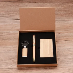 Bamboo Keychain Set with Business Card Case for Company Staff Meeting Elegant Wood and Bamboo Business Gift Set