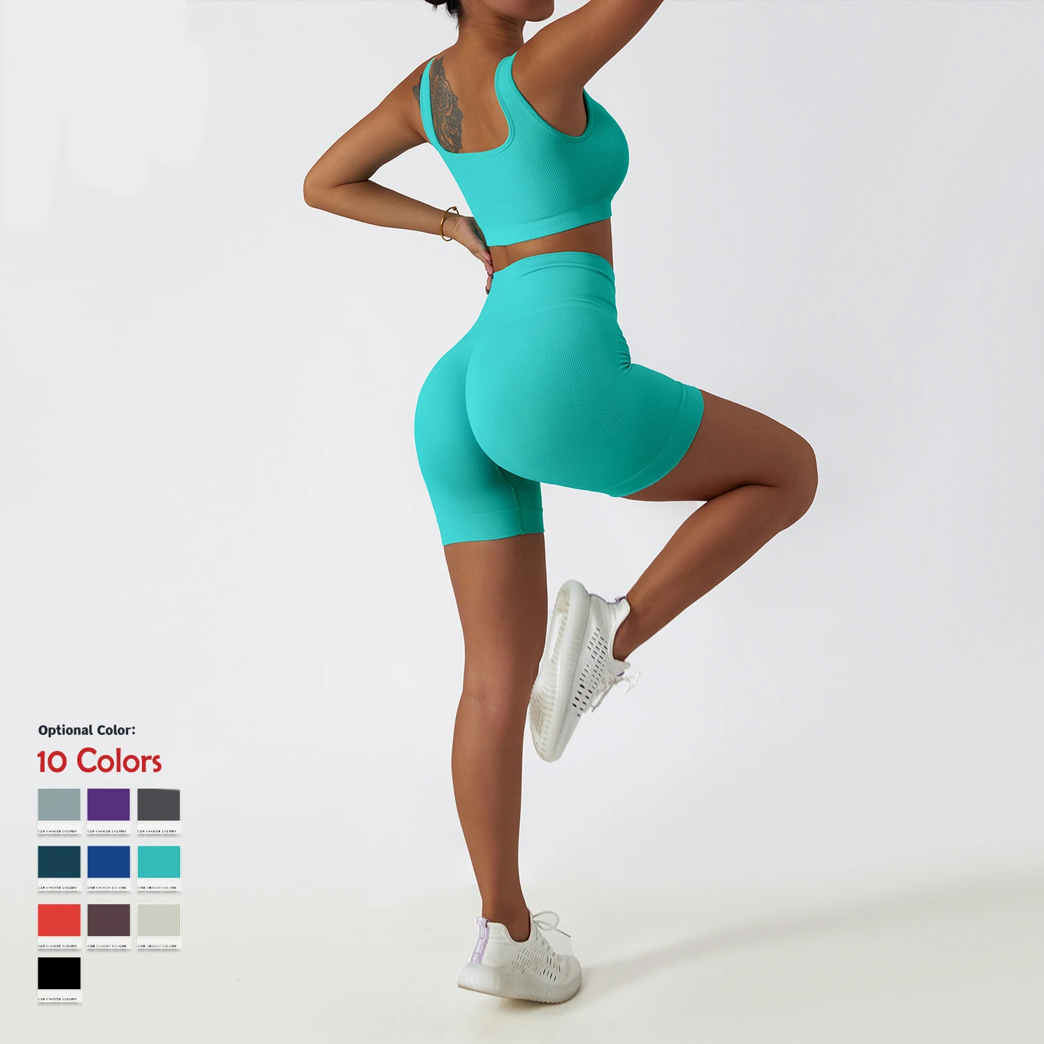 Ribbed Wide Shoulder Straps Two Piece Short Set Women Top Bras Gym