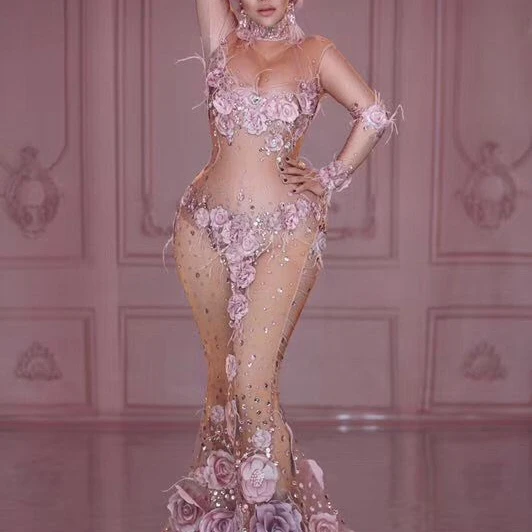 Розовое платье с цветами певица вечеринка девочка Dj роза принт стразы прозрачная длинная юбка рыбий хвост сценический