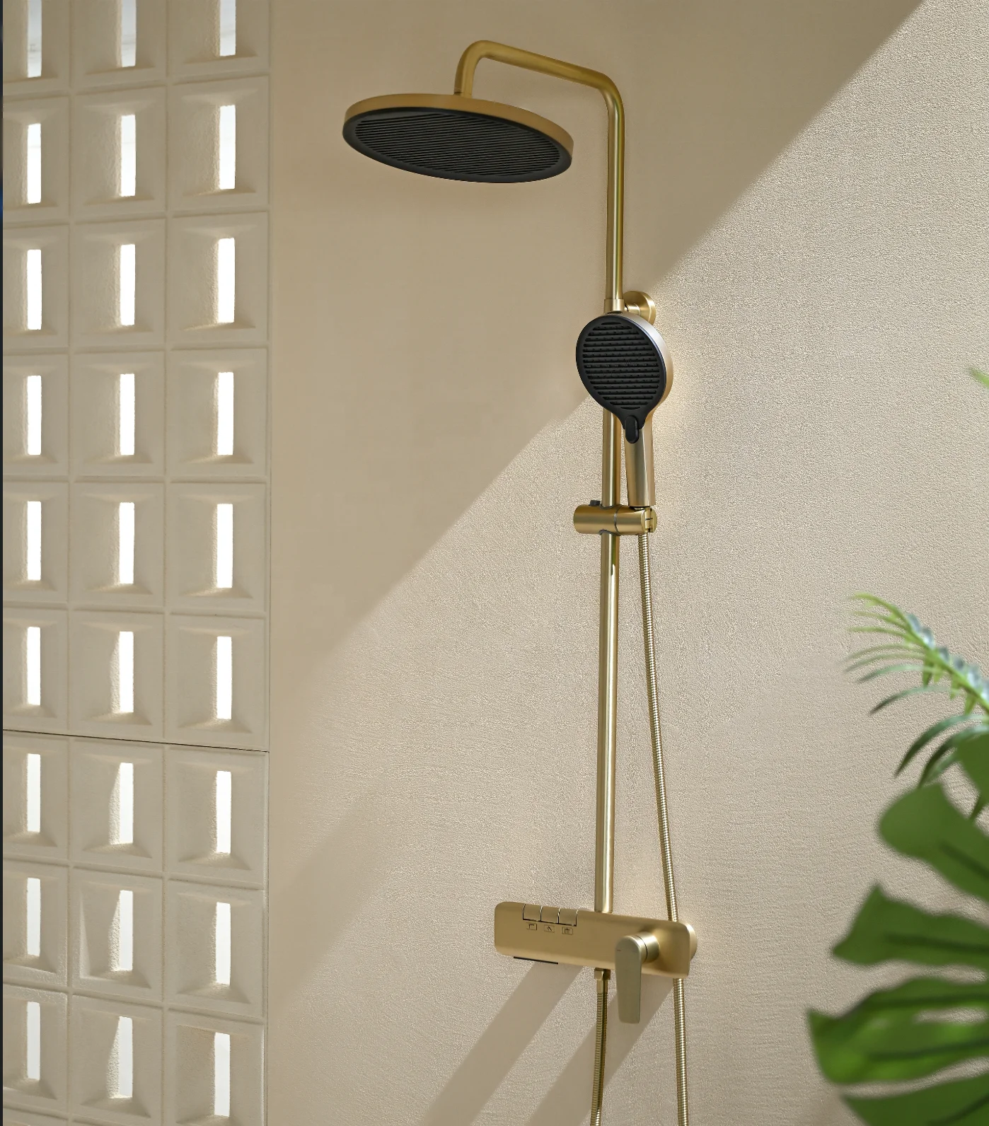 Maestro Spectrum Brushed Gold 3-Way Rainfall Shower System 59A Brass Body Wanshai Ceramic Valve for Hotel Project OEM