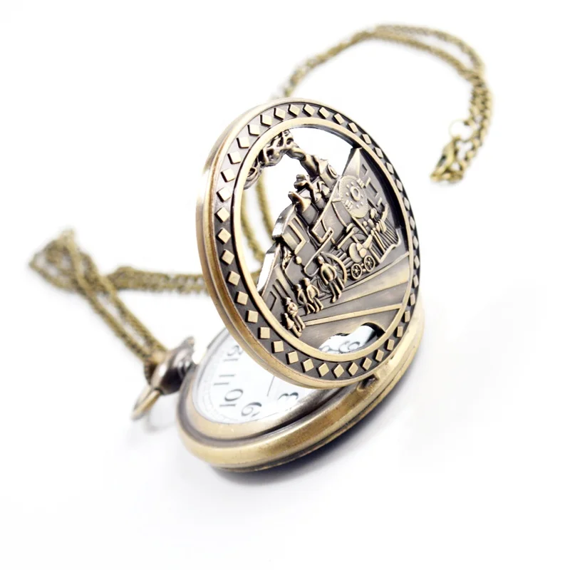 Hollow Train Design Retro Classic Collection Gift Custom Memorial  Nostalgic Flip  Old Vintage Necklace Pocket Watch with Chain