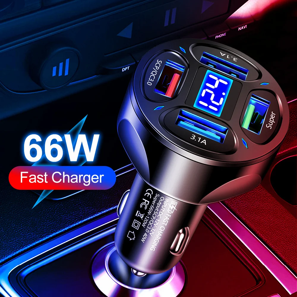 66W Digital Display Car Charger Adapter 4 USB Ports Fast Charger Quick Charge 3.0 Overcurrent OTG OLP USB Interface Car Charger