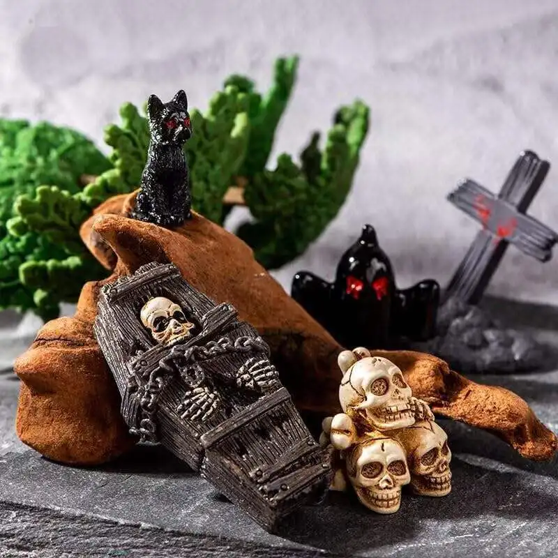 33-Piece Halloween Village Accessories Set - Mini Figurines, Trees, Tombstones & LED Lights For Spooky Decor